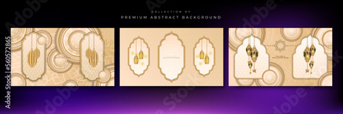 Abstract islamic ramadan background in gold color gradient. Ramadan kareem islamic greeting background with lantern, mosque and crescent moon