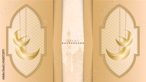 Abstract islamic ramadan background in gold color gradient. Ramadan kareem islamic greeting background with lantern, mosque and crescent moon