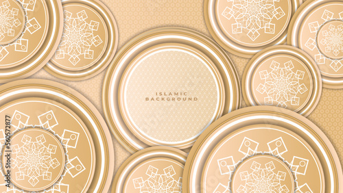 Abstract islamic ramadan background in gold color gradient. Ramadan kareem islamic greeting background with lantern, mosque and crescent moon