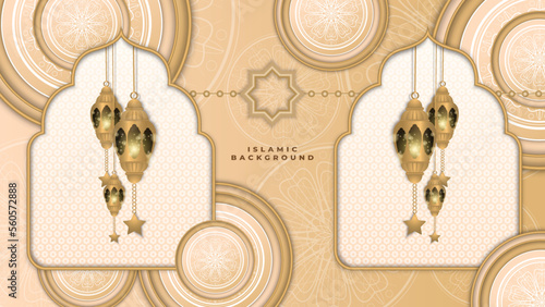 Abstract islamic ramadan background in gold color gradient. Ramadan kareem islamic greeting background with lantern, mosque and crescent moon