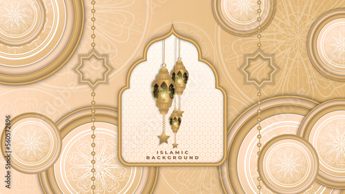 Abstract islamic ramadan background in gold color gradient. Ramadan kareem islamic greeting background with lantern, mosque and crescent moon