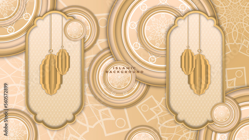 Abstract islamic ramadan background in gold color gradient. Ramadan kareem islamic greeting background with lantern, mosque and crescent moon
