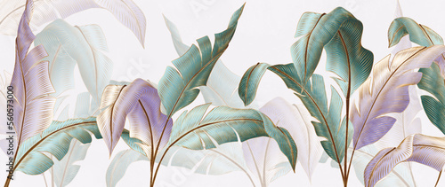 Luxury art background with palm leaves with gold hand drawn elements in line style. Botanical banner with tropical plants for decor, print, textile, wallpaper, interior design