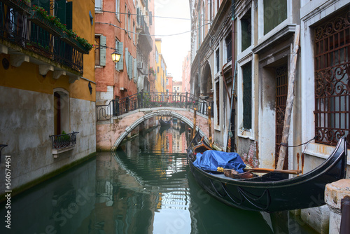 Beautiful view of canal with gondola parked next to the old walls, bridge decorated with flowers and picturesque old buildings surrounding the water under soft light in Venice, Italy. © Eduardo Accorinti