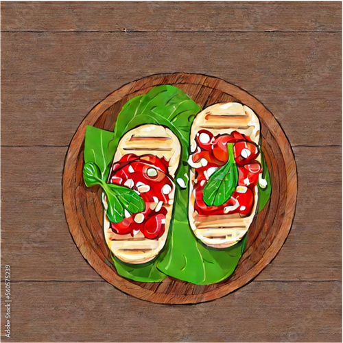 Bruschetta . Frisches Baguette belegt mit Tomaten und Salat