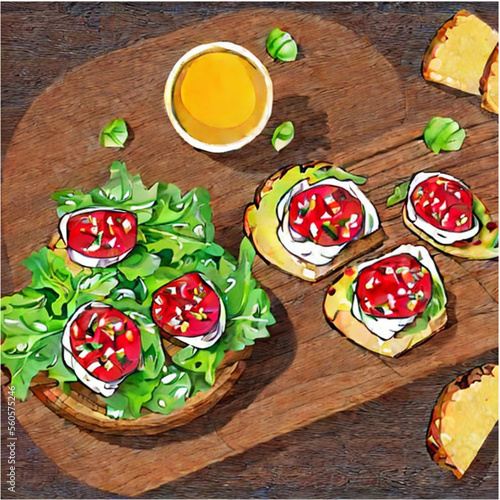Bruschetta . Frisches Baguette belegt mit Tomaten und Salat
