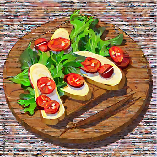 Bruschetta . Frisches Baguette belegt mit Tomaten und Salat