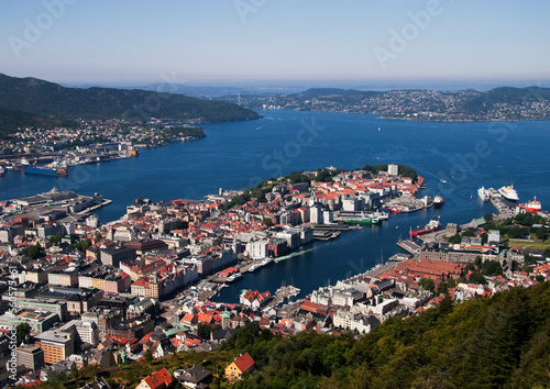 Bergen aerial view from Mount Floyen viewpoint. Bergen is a city and municipality in Hordaland, Norway.