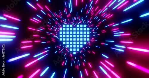 Abstract neon light streaks background with heart dot strip. Neon light wave and lines move in space. Futuristic background. Neon space. 3D 4K loop animation