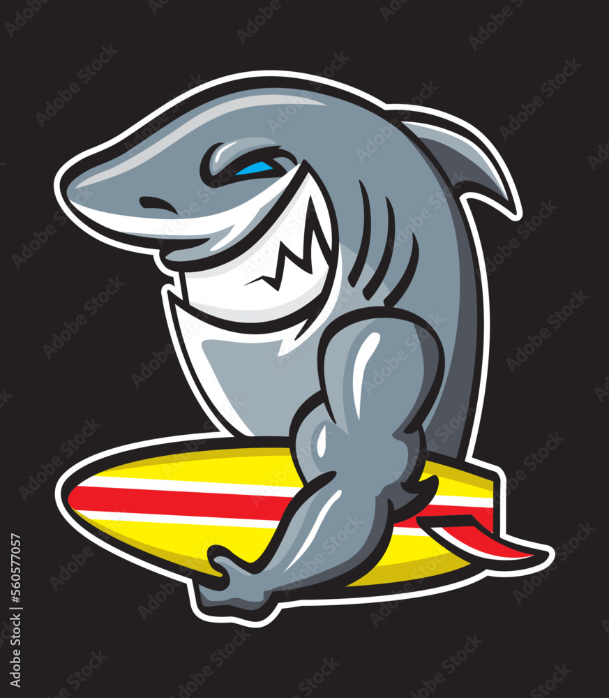 Obraz premium Vector mascot, cartoon, and illustration of a shark wearing sunglasses and holding surfing board