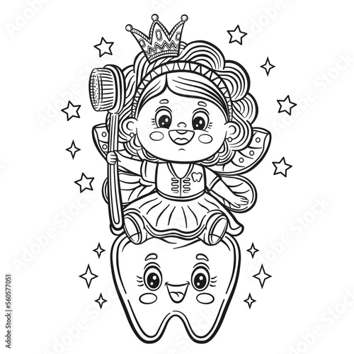 Cute tooth fairy princess elf with toothbrush line icon. Children coloring book page. Kids medical dentistry. Magic girl butterfly character with wings. Oral dental molar teeth hygiene. Outline vector