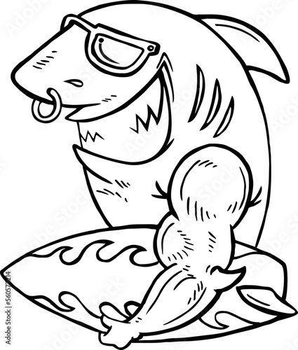 Photography Vector mascot, cartoon, and illustration of a shark wearing sunglasses and holdi