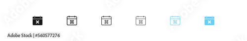 Calendar cancel icon. Remove schedule symbol. Reminder delete signs. Undone plan icons. Event symbols. Black and blue color. Vector sign.