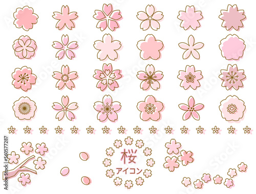 線画とカラーを組み合わせた桜の花のアイコンのイラストのセット