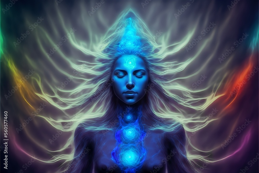 Astral spiritual enlightened female with glowing long hair, meditating in a healing energy aura of chakra colors as a blue iridescent realistic woman from a fantasy world. 