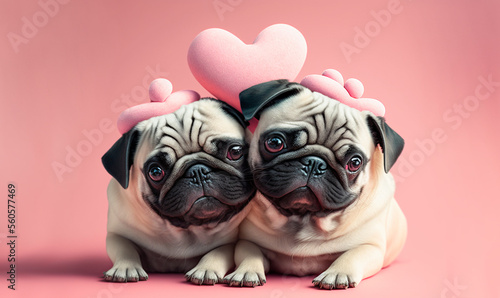 cute couple pug dog in valentine day concept, AI generate © Piyapa