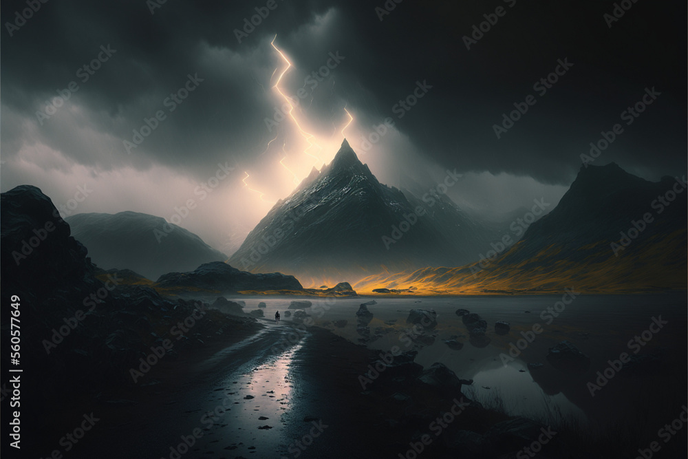 Landscape of mountain with lightning black clouds