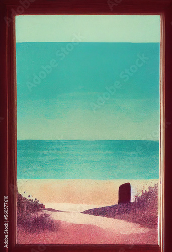 Retro Risoprint poster of a door leading out to a beautiful beach paradise  in 1950s colors and with beautiful textures. Generative Ai.