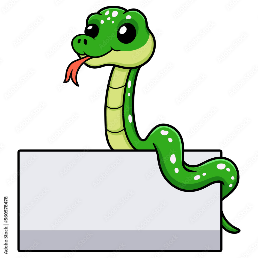 Fototapeta premium Cute green tree python cartoon with blank sign