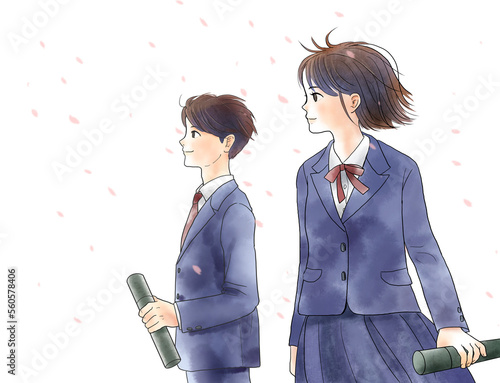 制服姿の男女の卒業式のイラスト　背景透過