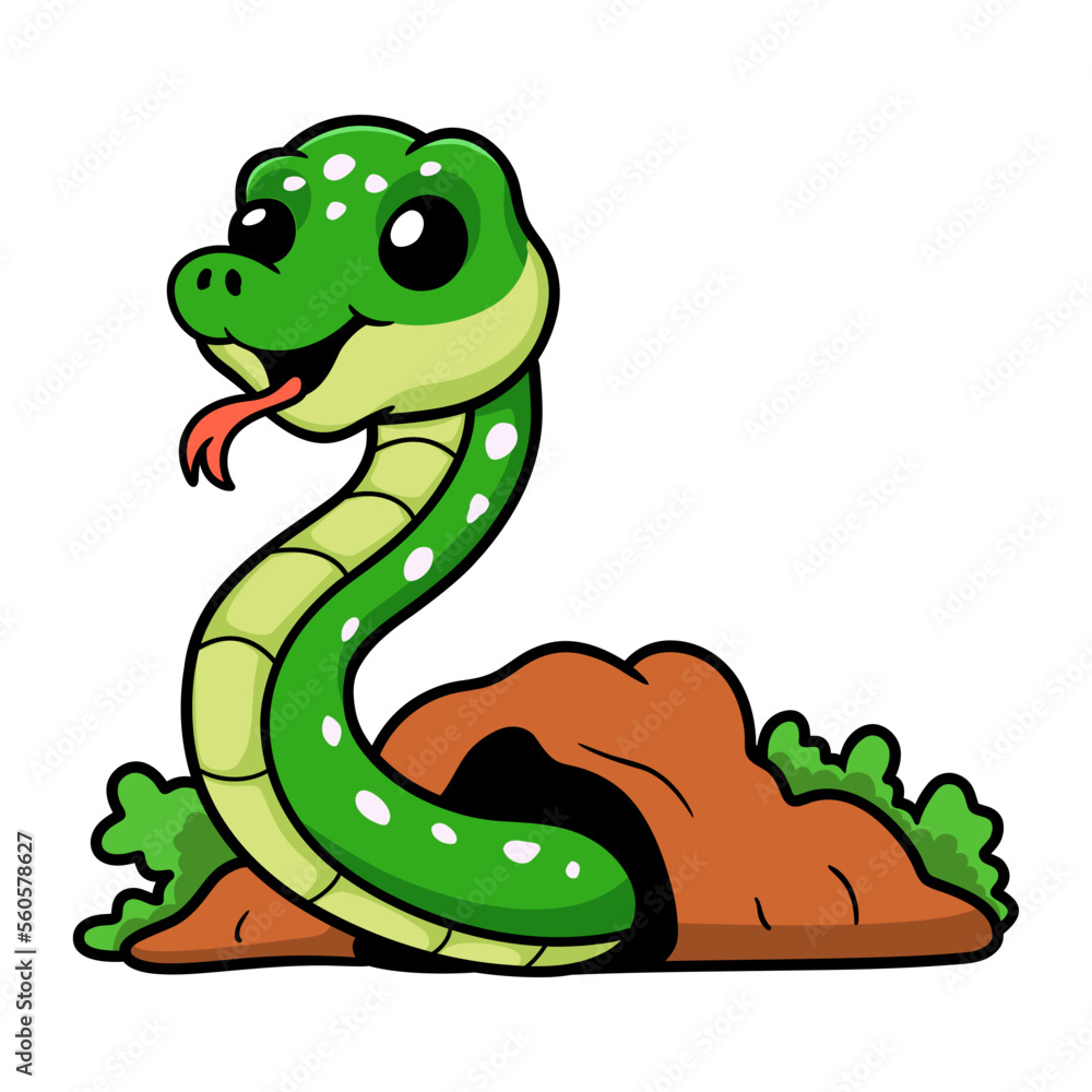 Naklejka premium Cute green tree python cartoon out from hole