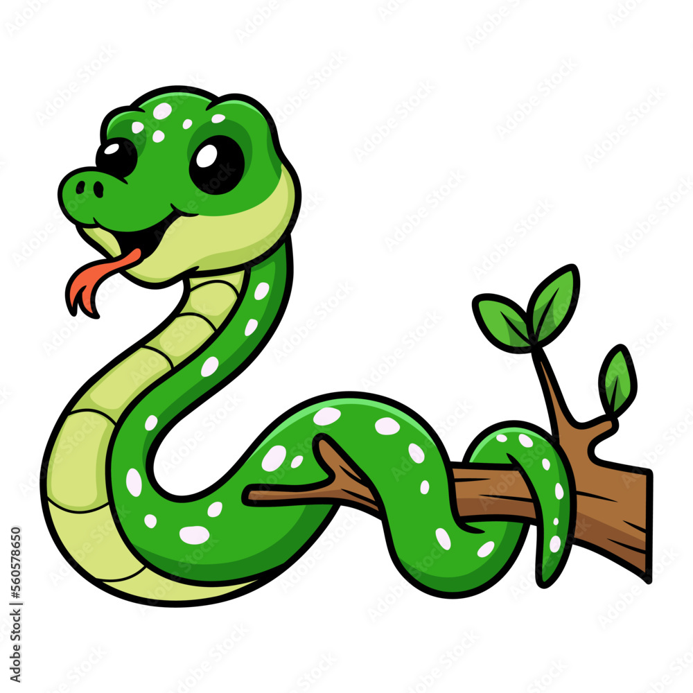 Cute green tree python cartoon on tree branch Cute green tree python cartoon on tree branch