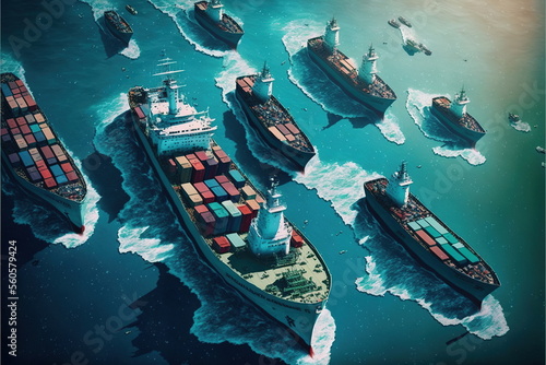 Many cargo ships in the sea, view from the top, Aerial view Container international shipping; Made by AI; Artificial intelligence