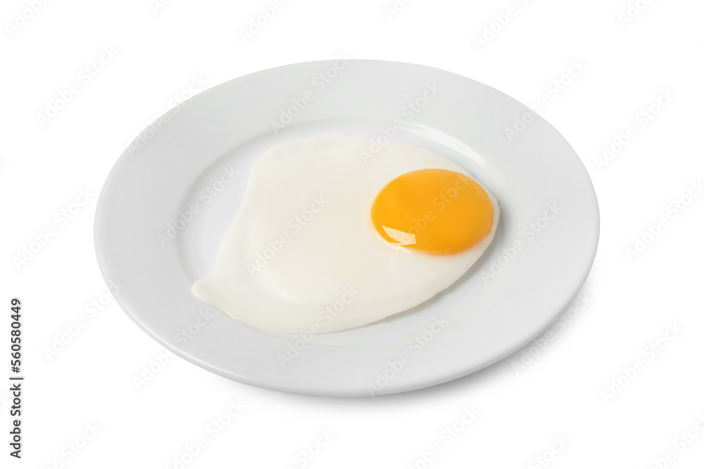 Plate with tasty fried egg isolated on white Plate with tasty fried egg isolated on white