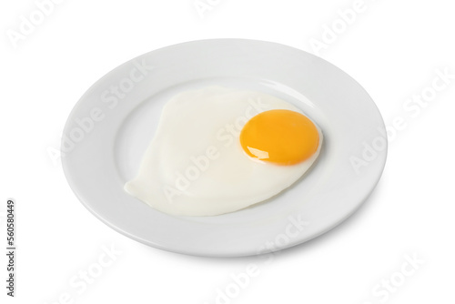Plate with tasty fried egg isolated on white