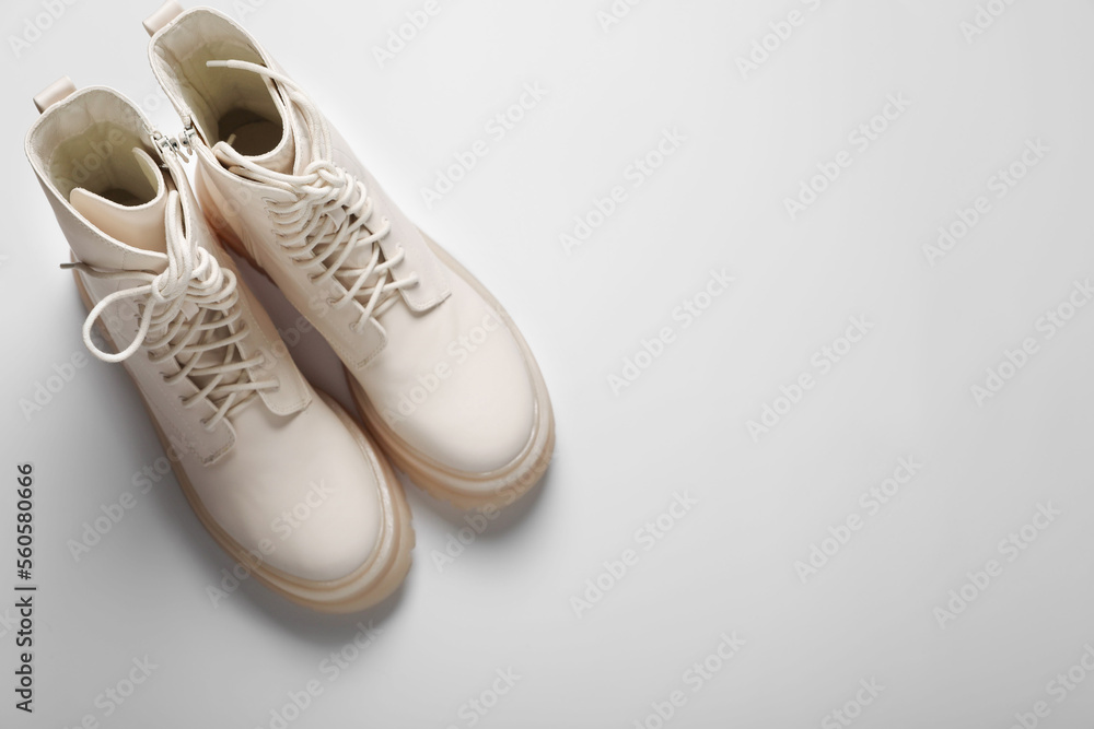 Naklejka premium Pair of stylish leather shoes on white background, flat lay. Space for text
