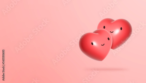 Two cute hearts on pink background. Happy Valentine's day background. 3D illustration.