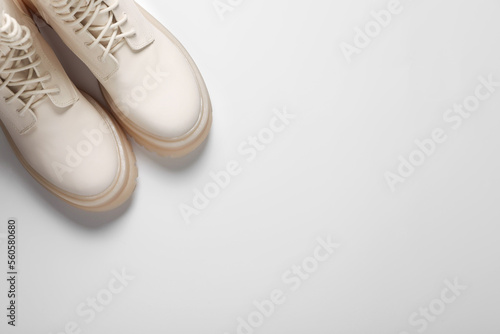 Pair of stylish leather shoes on white background, flat lay. Space for text