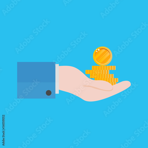 Handful of golden coins. Businessman palm. Giving, holding, showing, paying money. Flat vector illustration.