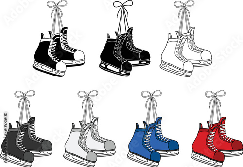 Tied Handing Hockey Ice Skates Clipart Set- Outline, Silhouette & Color