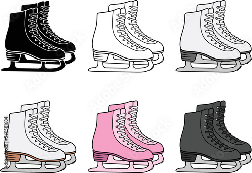 Pair of Figure Skates Clipart Set - Outline, Silhouette & Color