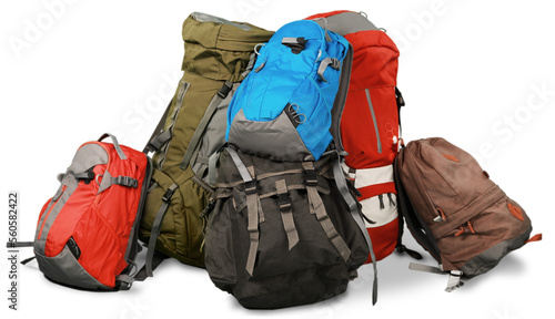 Big pile of colored travel backpacks