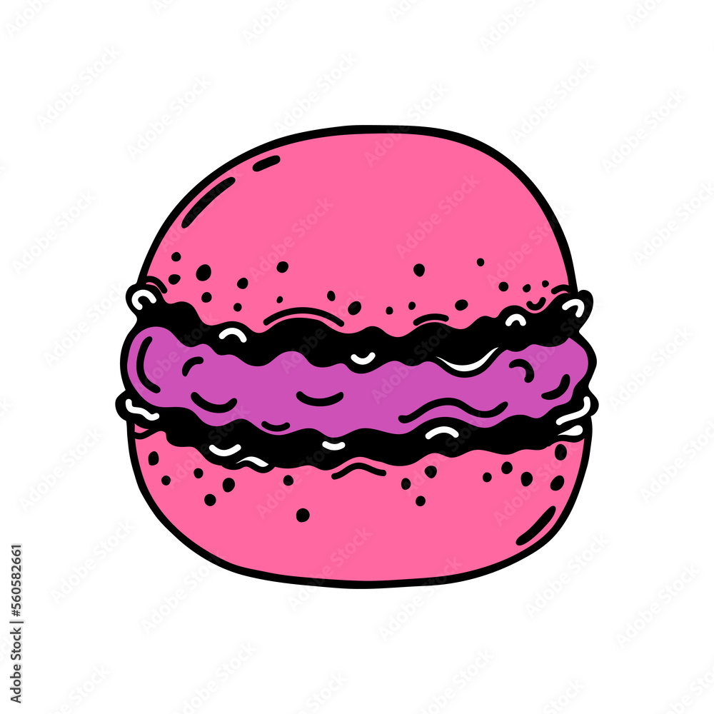 Macaron biscuit cookies made from almond flour. Delicious French dessert, sweet round cake with pink cream. Flat cartoon clipart isolated on white. Hand drawn vector icon. For menu, posters, prints Macaron biscuit cookies made from almond flour. Delicious French dessert, sweet round cake with pink cream. Flat cartoon clipart isolated on white. Hand drawn vector icon. For menu, posters, prints