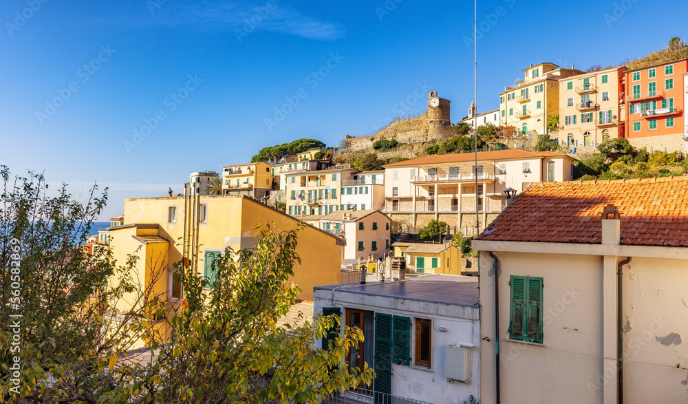 Colorful apartment homes in touristic town, Riomaggiore, Italy. Cinque Terre National Park