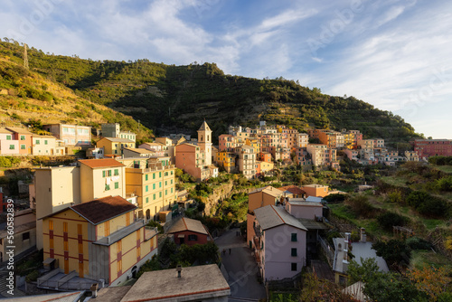 Small touristic town on the coast and farmland  Manarola  Italy. Cinque Terre. Sunny Fall Season day.