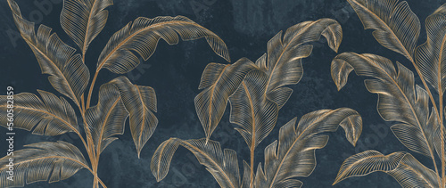 Abstract luxury art background with tropical palm leaves in blue and green colors with golden art line style. Botanical banner with exotic plants for wallpaper design, decor, print, textile
