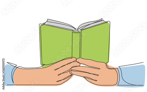 continuous line drawing hands holding open book in color - PNG image with transparent background