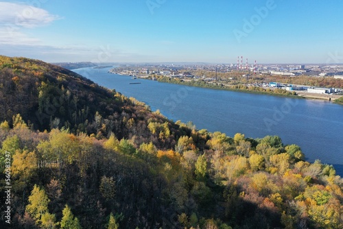 Aerial photography. Panoramic view of the river from above in autumn. © Ольга Кожина