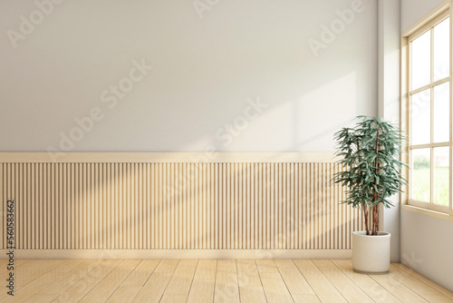 Minimalist empty room decorated with wood floor and wood slat wall, frame wood window and indoor plant. 3d rendering