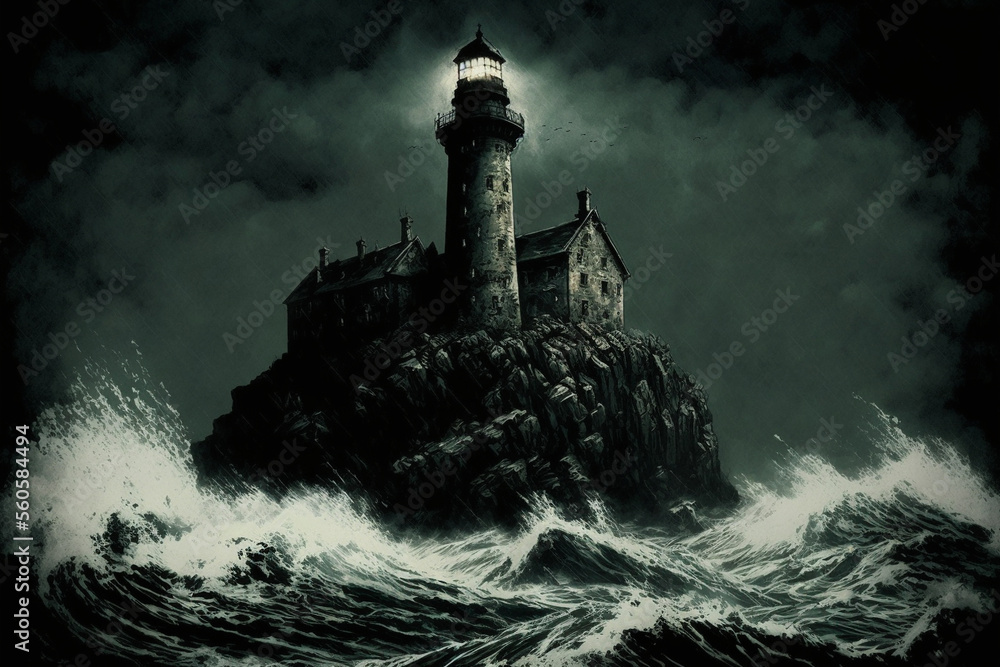The tower in the middle of the sea was shining, the sea waves crashing With Generative AI