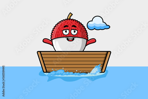 cute cartoon Lychee get on boat in vector character illustration