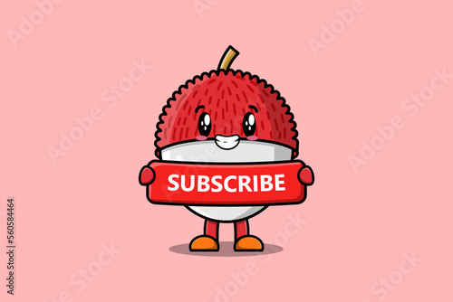 Cute cartoon Lychee character holding red subscribe board