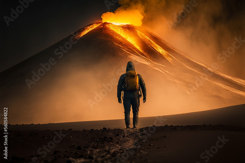 A large volcano is erupting, a person standing with his back looking at the volcano With Generative AI