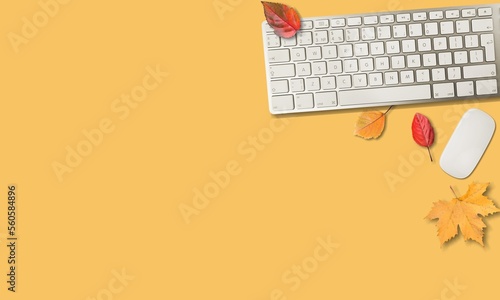 Autumn workspace. Computer keyboard and dry leaves