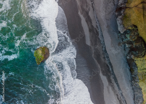 Aerial view of black sand beach at Lækjavik nature preserve in Iceland. photo