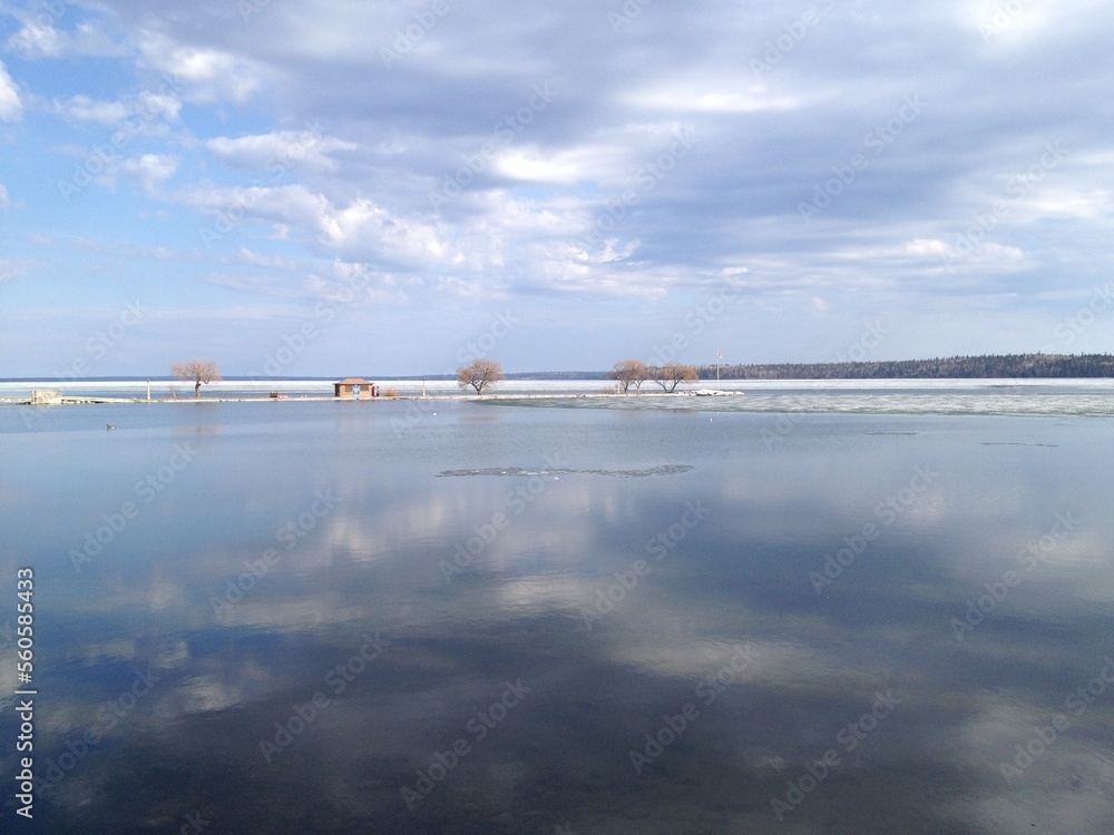 small trees in the distance from across a lake with overcast cloud covering the sky small trees in the distance from across a lake with overcast cloud covering the sky